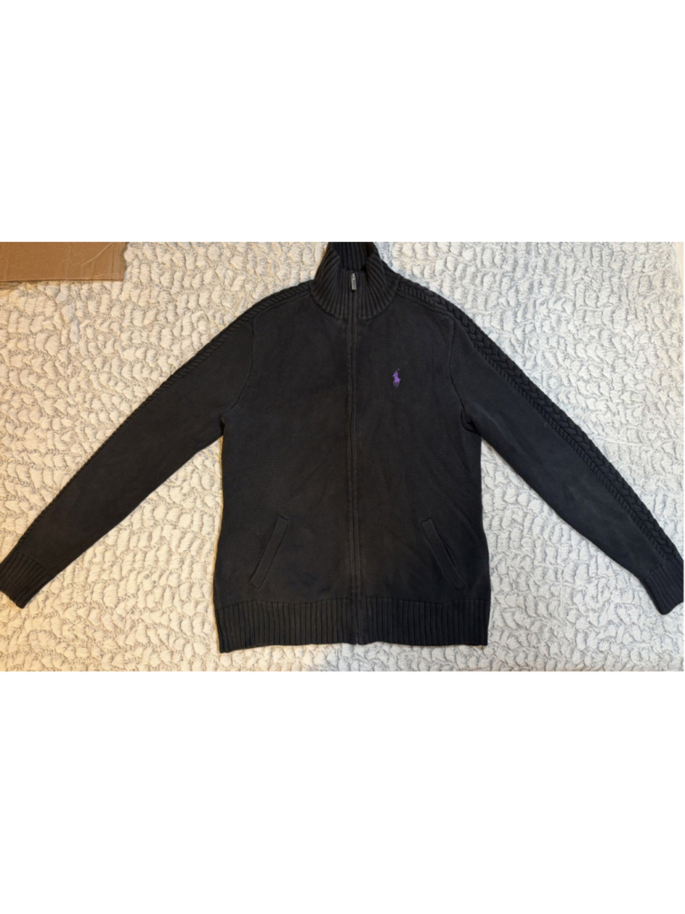 Ralph Lauren Sport Men’s Black Cable-Knit Full Zip Mock Neck Sweater Pockets M